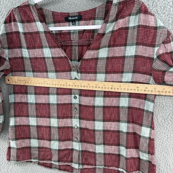 Madewell Plaid Button Front Peasant Blouse Red Gray Check XS 100% Cotton - Picture 5 of 11
